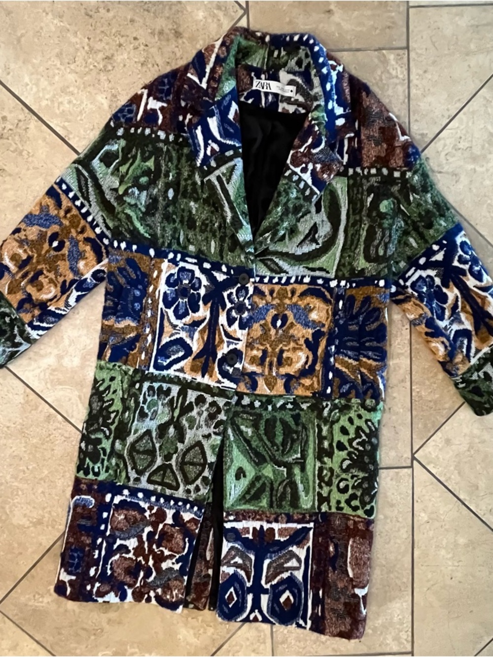Zara Multicolor Patchwork Velvet Trench Coat - Green/Blue/Brown